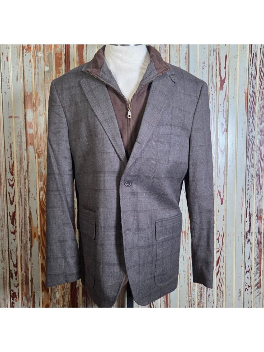 Johnston & Murphy Brown Plaid Blazer Sport Coat w/ Detachable Zip Insert Medium